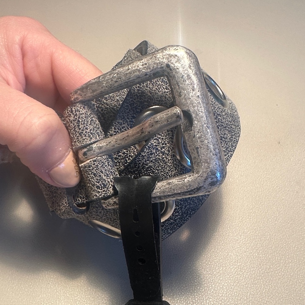 Studded Metallic Silver Leather Belt with Black Strap